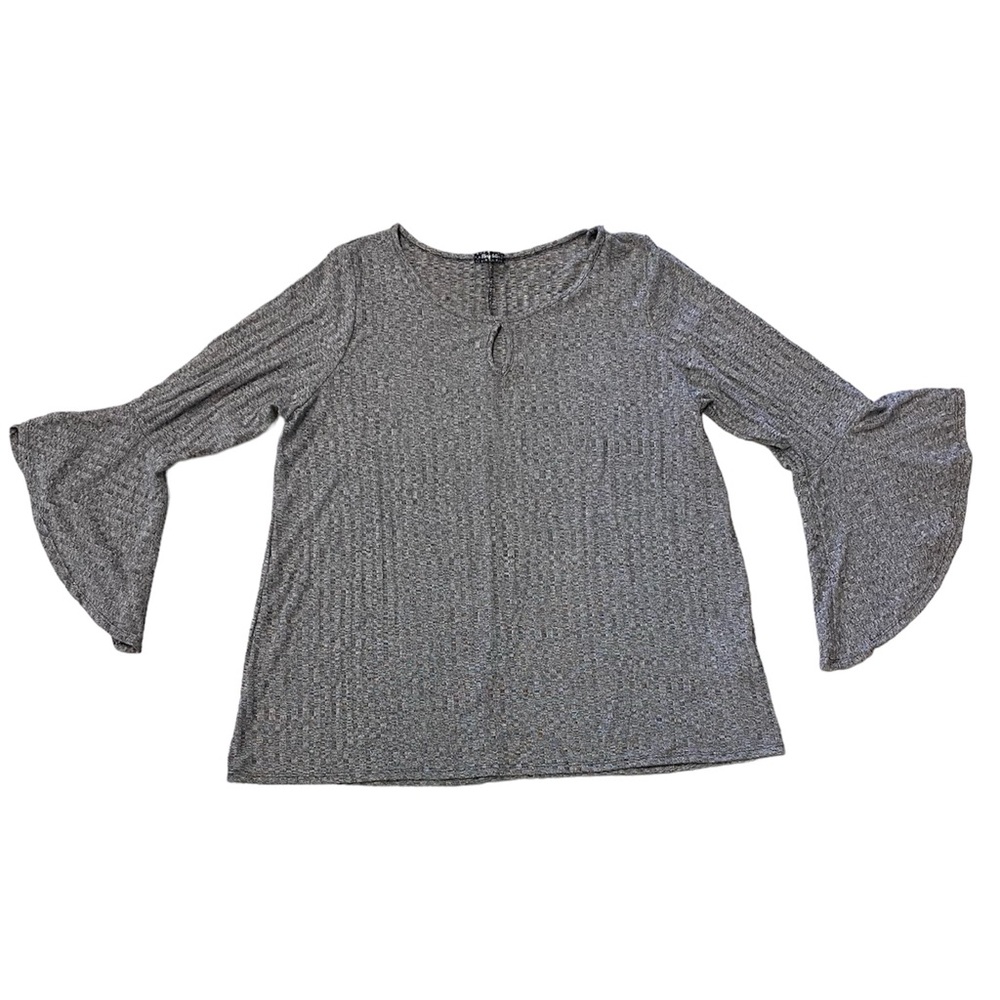 Story Teller Grey Marled Knit Bell Sleeve Keyhole Neck Top Women's Plus Size 1X‎